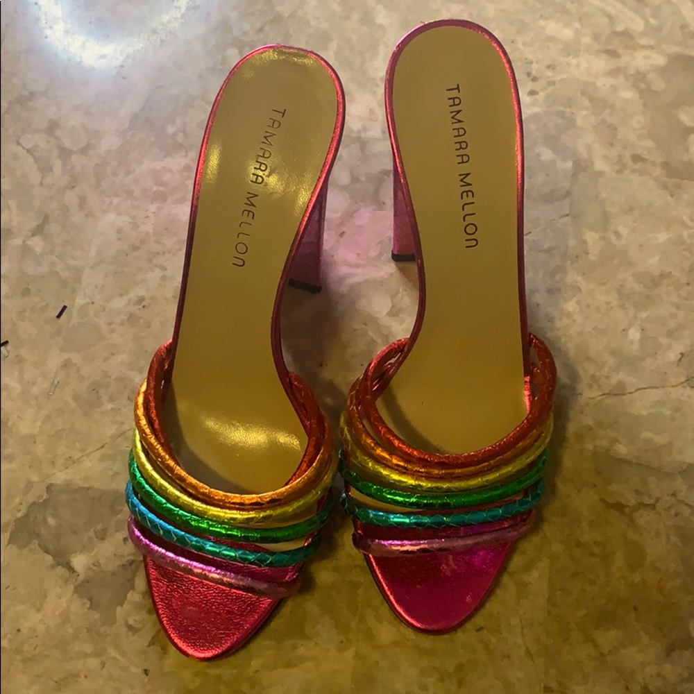Tamara Mellon metallic pride sandal heels